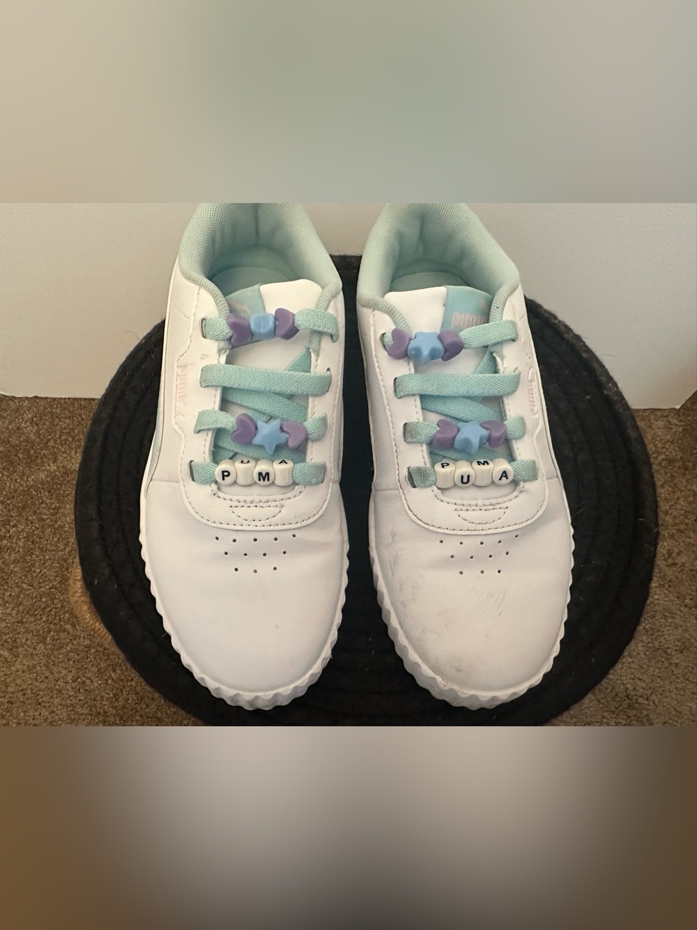 Puma White Kids Sneakers with Mint and Lavender Accents